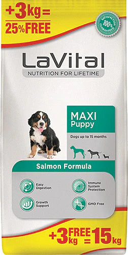 LaVital Maxi Puppy Somonlu 12 kg + 3 kg Büyük Irk Yavru Köpek Maması