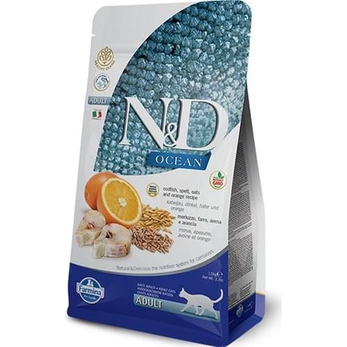 N&D Ocean Düşük Tahıllı Morina Balıklı ve Portakallı Yetişkin Kedi Maması 1,5 kg