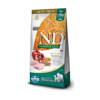 N&D Ancestral Selection Düşük Tahıllı Tavuklu ve Narlı 12 + 3 kg Orta ve Büyük Irk Yetişkin Köpek Maması